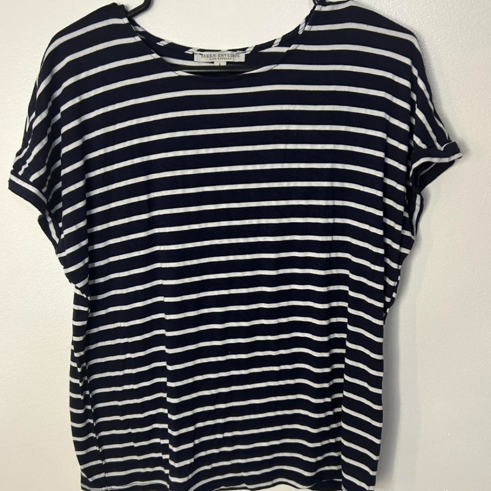 Green Envelope Navy Blue White Striped Tee Size Small